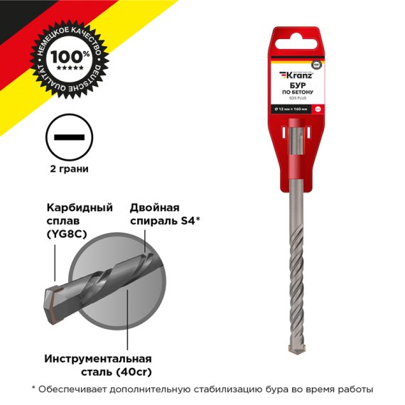 Фотография товара 'Kranz KR-91-0014 Бур по бетону 12x160x100мм SDS PLUS'