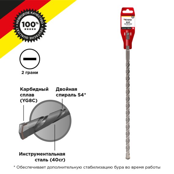 Фотография товара 'Kranz KR-91-0089Бур по бетону 16x1000x940мм SDS PLUS'