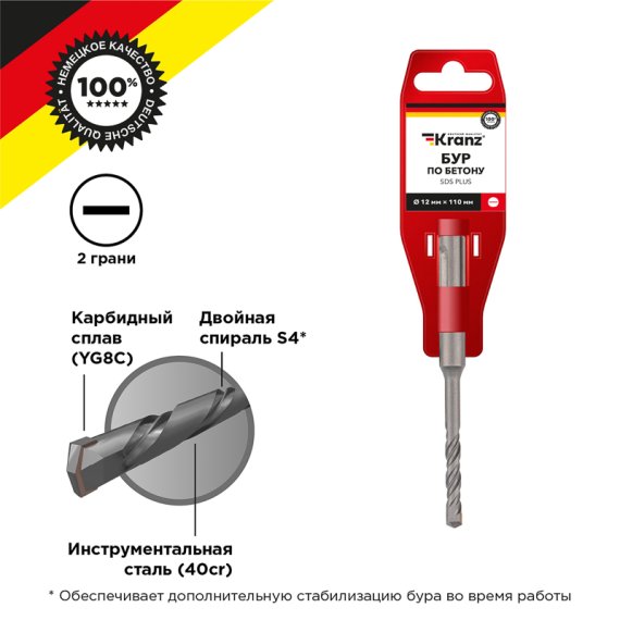 Фотография товара 'Kranz KR-91-0030 Бур по бетону 12x110x50мм SDS PLUS'