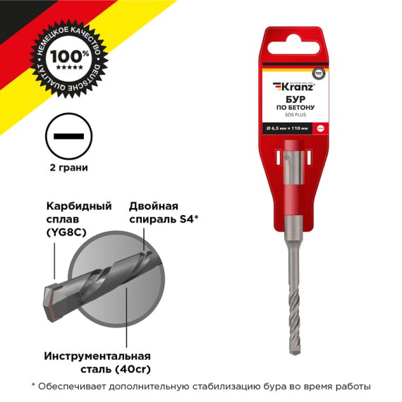 Фотография товара 'Kranz KR-91-0004 Бур по бетону 6,5x110x50мм SDS PLUS'